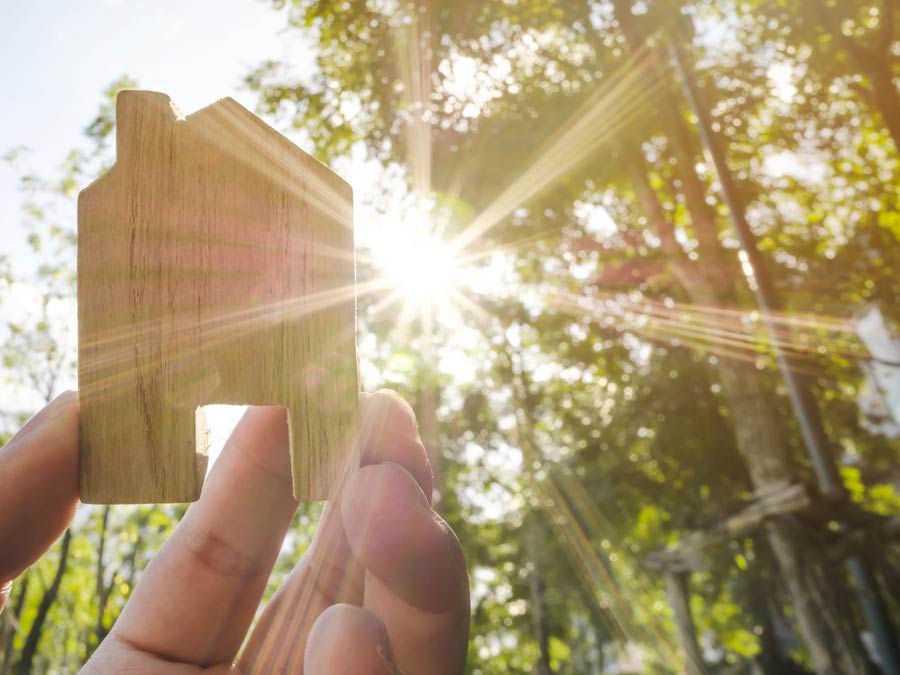 Hand holding up a small wooden house with sunlight flowing through trees in the background